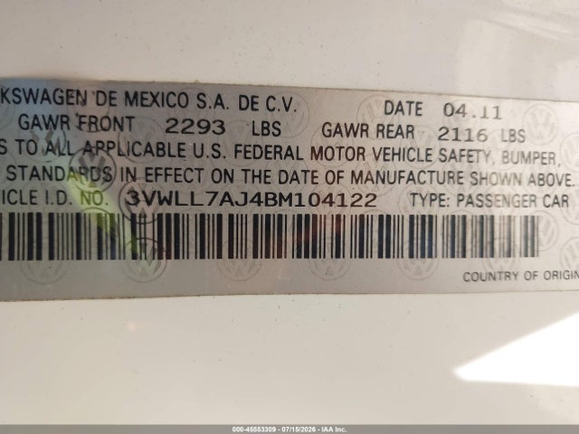 Aukcja sprzedaży 2011 Volkswagen Jetta 2.0l Tdi, vin: 3VWLL7AJ4BM104122, numer aukcji: 45553309