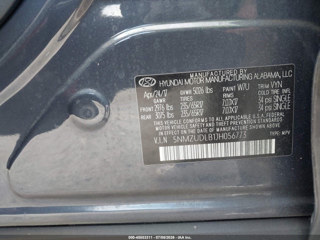 2018 Hyundai Santa Fe Sport 2.4l მანქანა იყიდება აუქციონზე, vin: 5NMZUDLB1JH056773, აუქციონის ნომერი: 45553311