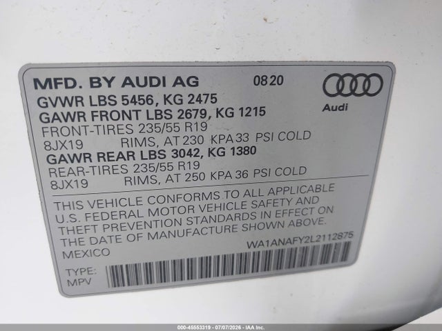 2020 Audi Q5 Premium 45 Tfsi Quattro S Tronic მანქანა იყიდება აუქციონზე, vin: WA1ANAFY2L2112875, აუქციონის ნომერი: 45553319