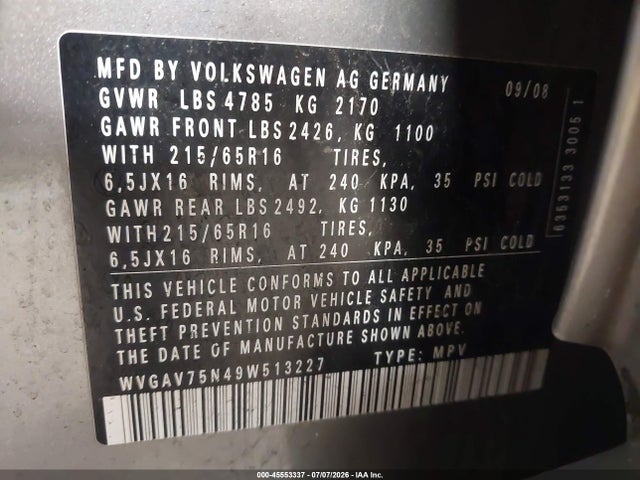 45553337 :رقم المزاد ، WVGAV75N49W513227 vin ، 2009 Volkswagen Tiguan S/se/sel مزاد بيع