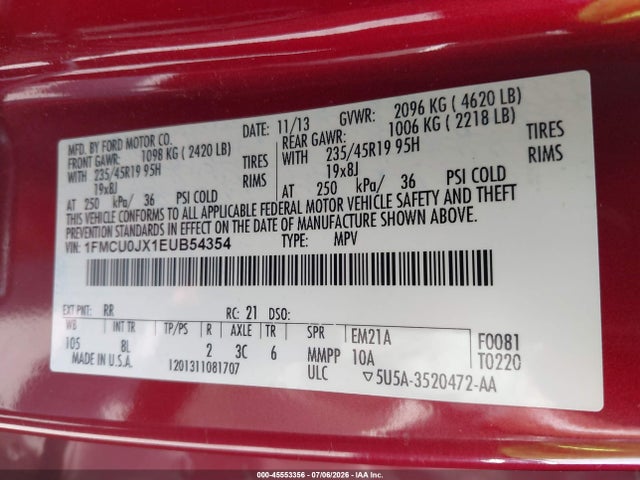 2014 Ford Escape Titanium მანქანა იყიდება აუქციონზე, vin: 1FMCU0JX1EUB54354, აუქციონის ნომერი: 45553356