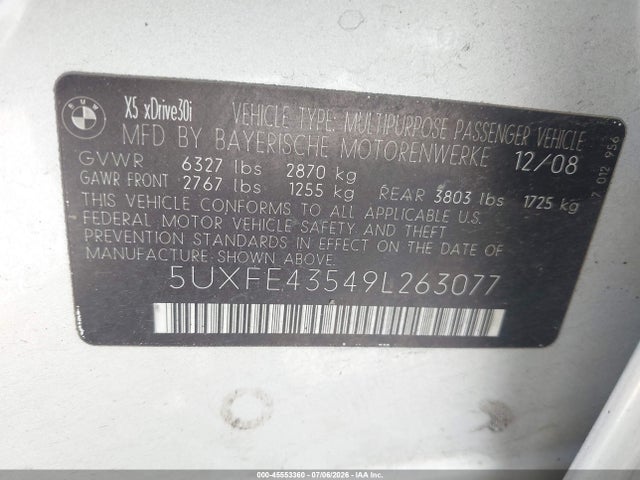 Aukcja sprzedaży 2009 Bmw X5 Xdrive30i, vin: 5UXFE43549L263077, numer aukcji: 45553360