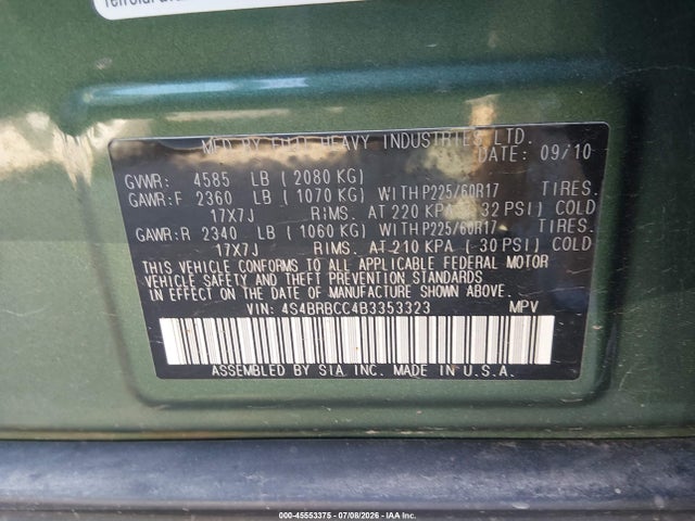 Продажа на аукционе авто 2011 Subaru Outback 2.5i Premium, vin: 4S4BRBCC4B3353323, номер лота: 45553375