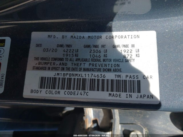Aukcja sprzedaży 2020 Mazda Mazda3 Premium Package, vin: JM1BPBNMXL1174636, numer aukcji: 45553385