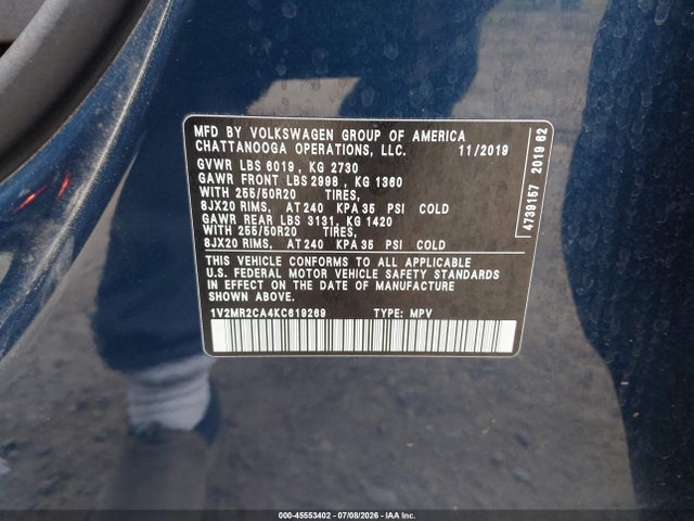 1V2MR2CA4KC619269 Volkswagen Atlas 3.6l V6 Sel
