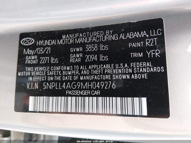Aukcja sprzedaży 2021 Hyundai Elantra Se, vin: 5NPLL4AG9MH049276, numer aukcji: 45553403