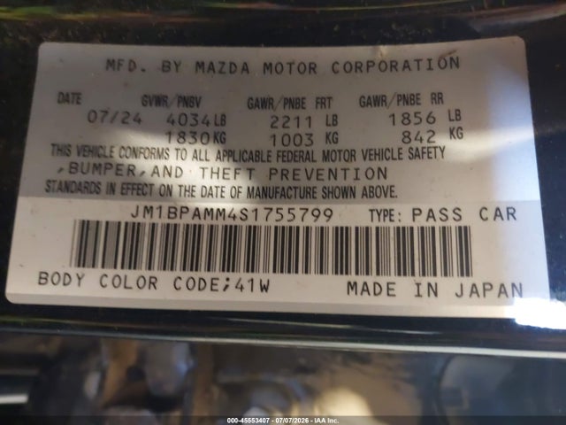 Aukcja sprzedaży 2025 Mazda Mazda3 2.5 S Preferred, vin: JM1BPAMM4S1755799, numer aukcji: 45553407