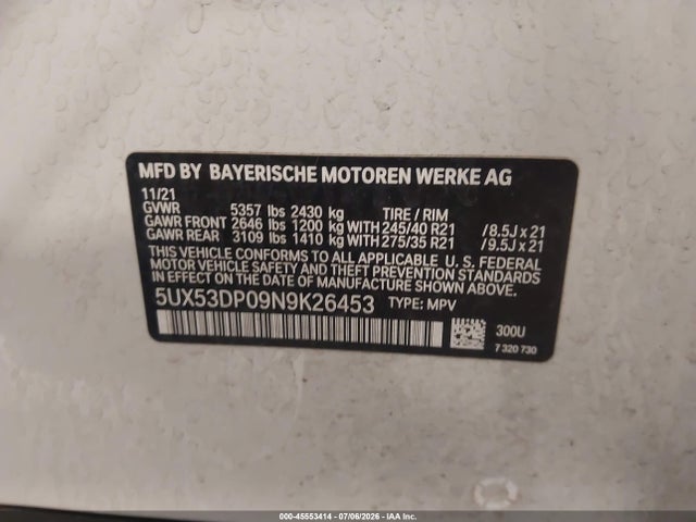Aukcja sprzedaży 2022 Bmw X3 Xdrive30i, vin: 5UX53DP09N9K26453, numer aukcji: 45553414