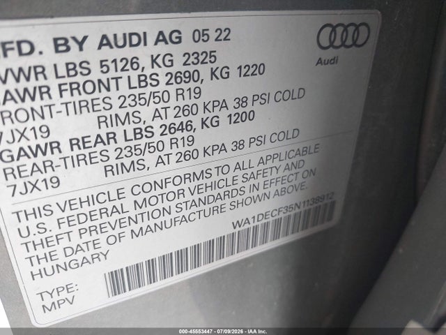 Продажа на аукционе авто 2022 Audi Q3 Premium 45 Tfsi S Line Quattro Tiptronic, vin: WA1DECF35N1138912, номер лота: 45553447