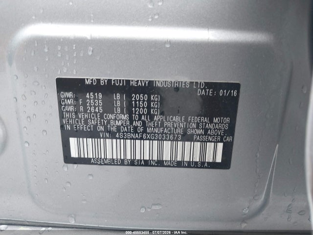 2016 Subaru Legacy 2.5i Premium მანქანა იყიდება აუქციონზე, vin: 4S3BNAF6XG3033673, აუქციონის ნომერი: 45553455
