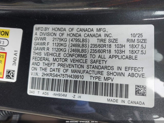 Продажа на аукционе авто 2026 Honda Cr-v Ex-l Awd, vin: 2HKRS4H75TH439910, номер лота: 45553462