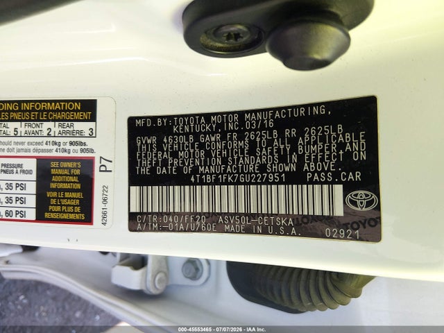 4T1BF1FK7GU227951 Toyota CAMRY SE