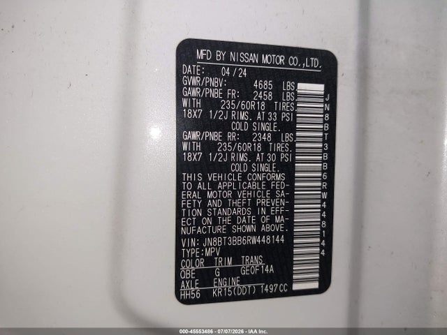 2024 Nissan Rogue Sv Intelligent Awd მანქანა იყიდება აუქციონზე, vin: JN8BT3BB6RW448144, აუქციონის ნომერი: 45553486