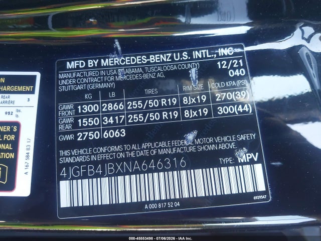 45553498 :رقم المزاد ، 4JGFB4JBXNA646316 vin ، 2022 Mercedes-benz Gle 350 مزاد بيع