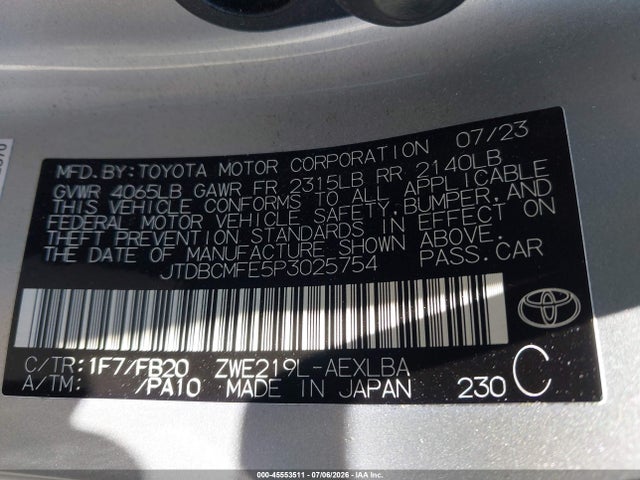JTDBCMFE5P3025754 Toyota Corolla Hybrid Le