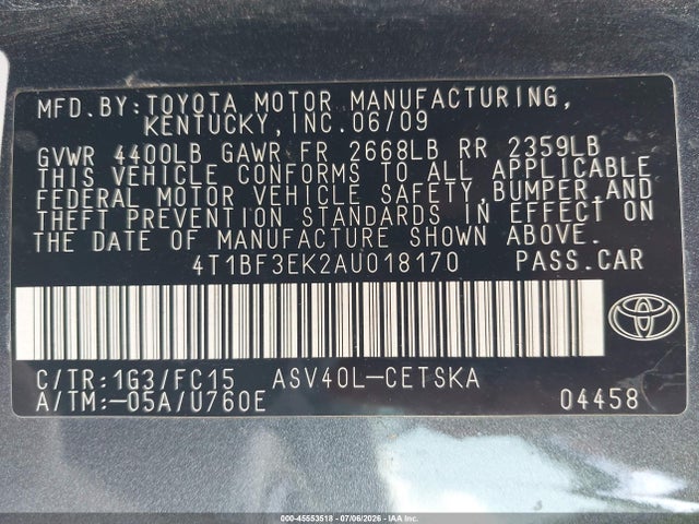 45553518 :رقم المزاد ، 4T1BF3EK2AU018170 vin ، 2010 Toyota Camry Se مزاد بيع