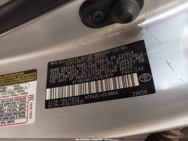 45553522 :رقم المزاد ، 4T1BE46K37U167879 vin ، 2007 Toyota Camry Le مزاد بيع