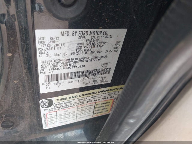 45553526 :رقم المزاد ، 1FMJU1H53CEF59320 vin ، 2012 Ford Expedition King Ranch/xlt مزاد بيع