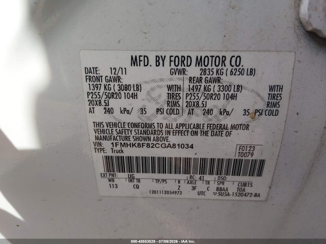 Продаж на аукціоні авто 2012 Ford Explorer Limited, vin: 1FMHK8F82CGA81034, номер лоту: 45553528