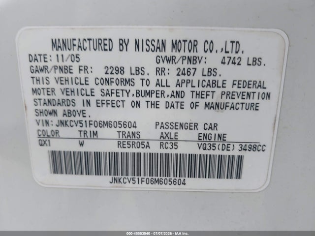 Продажа на аукционе авто 2006 Infiniti G35x, vin: JNKCV51F06M605604, номер лота: 45553540