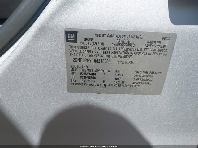 2010 Chevrolet Equinox Lt მანქანა იყიდება აუქციონზე, vin: 2CNFLPEY1A6210068, აუქციონის ნომერი: 45553542