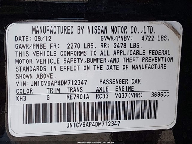 45553568 :رقم المزاد ، JN1CV6AP4DM712347 vin ، 2013 Infiniti G37 Journey مزاد بيع