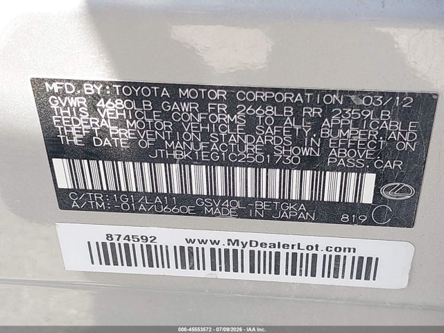 Aukcja sprzedaży 2012 Lexus Es 350, vin: JTHBK1EG1C2501730, numer aukcji: 45553572