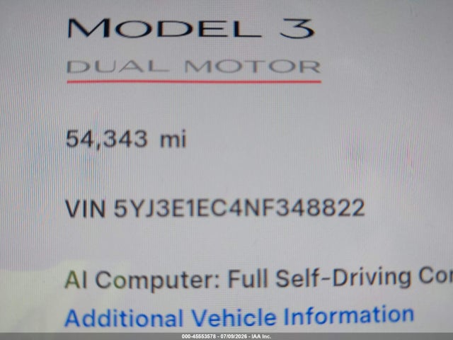 5YJ3E1EC4NF348822 Tesla Model 3 Performance Dual Motor All-wheel Drive