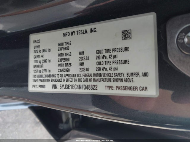 5YJ3E1EC4NF348822 Tesla Model 3 Performance Dual Motor All-wheel Drive