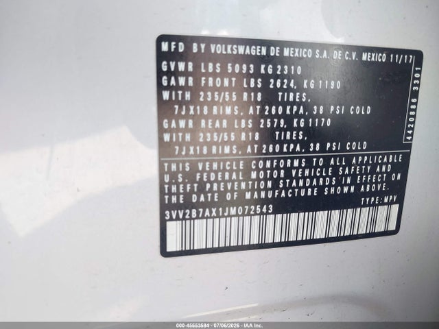3VV2B7AX1JM072543 Volkswagen Tiguan 2.0t Se/2.0t Sel