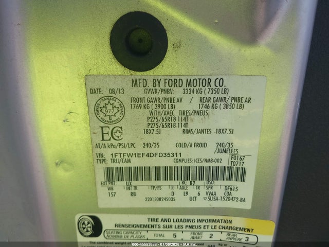 Продажа на аукционе авто 2013 Ford F-150 Fx4, vin: 1FTFW1EF4DFD35311, номер лота: 45553588