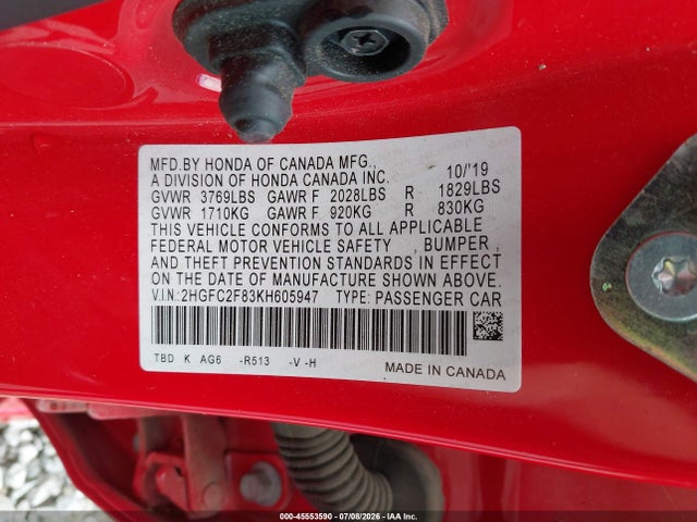 45553590 :رقم المزاد ، 2HGFC2F83KH605947 vin ، 2019 Honda Civic Sport مزاد بيع