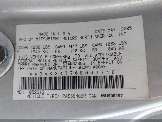 Продажа на аукционе авто 2006 Mitsubishi Eclipse Gt, vin: 4A3AK34T76E003748, номер лота: 45553591