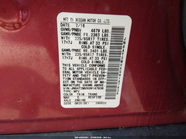 Продаж на аукціоні авто 2016 Nissan Rogue S, vin: JN8AT2MVXGW147936, номер лоту: 45553601