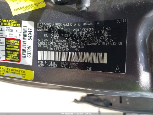 2011 Toyota Sienna Xle V6 მანქანა იყიდება აუქციონზე, vin: 5TDYK3DC3BS154124, აუქციონის ნომერი: 45553611