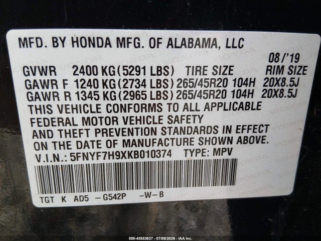 2019 Honda Passport Touring მანქანა იყიდება აუქციონზე, vin: 5FNYF7H9XKB010374, აუქციონის ნომერი: 45553637