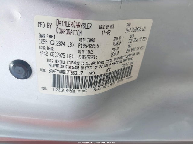 2007 Chrysler Pt Cruiser მანქანა იყიდება აუქციონზე, vin: 3A4FY48B17T553117, აუქციონის ნომერი: 45553638