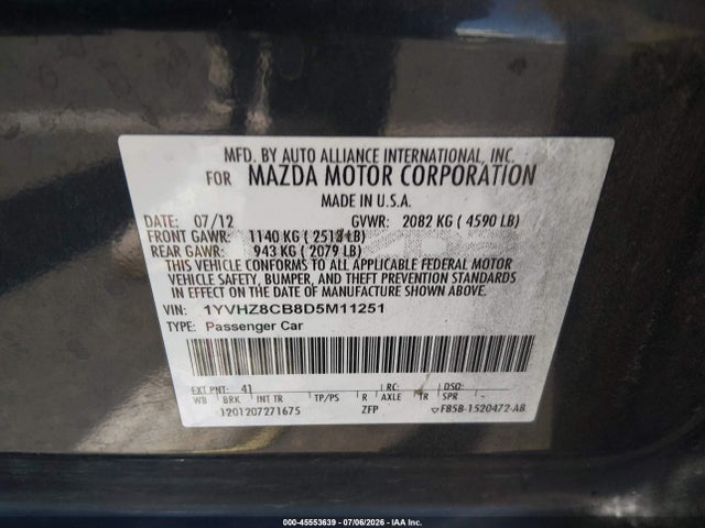 45553639 :رقم المزاد ، 1YVHZ8CB8D5M11251 vin ، 2013 Mazda Mazda6 S Grand Touring مزاد بيع