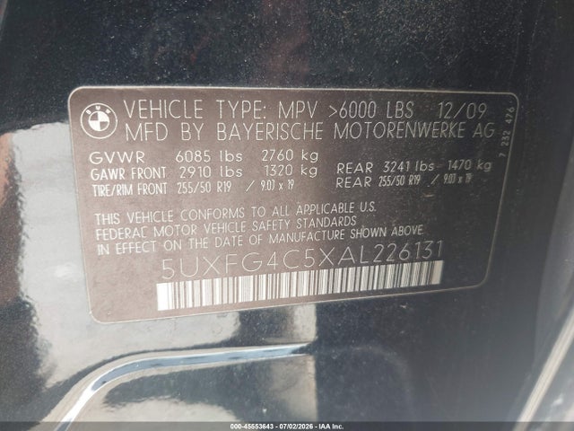 45553643 :رقم المزاد ، 5UXFG4C5XAL226131 vin ، 2010 Bmw X6 Xdrive35i مزاد بيع