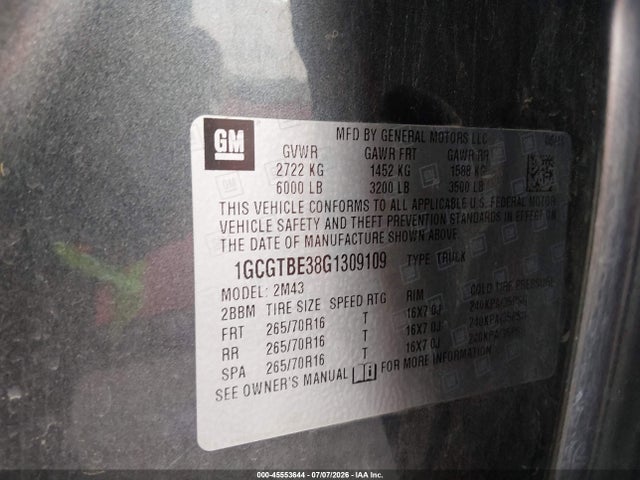 45553644 :رقم المزاد ، 1GCGTBE38G1309109 vin ، 2016 Chevrolet Colorado 4wd Wt مزاد بيع