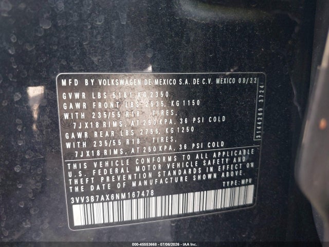 Auction sale of the 2022 Volkswagen Tiguan 2.0t Se, vin: 3VV3B7AX6NM167478, lot number: 45553668