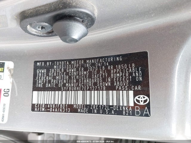 Auction sale of the 2014 Toyota Corolla Le, vin: 5YFBURHE7EP127178, lot number: 45553673