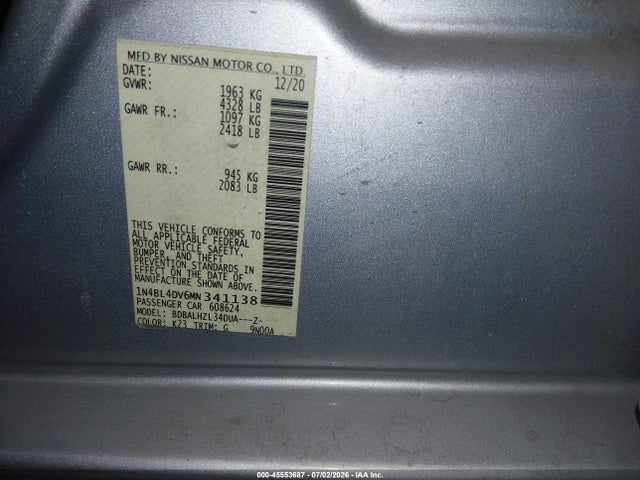 1N4BL4DV6MN341138 Nissan Altima Sv Fwd