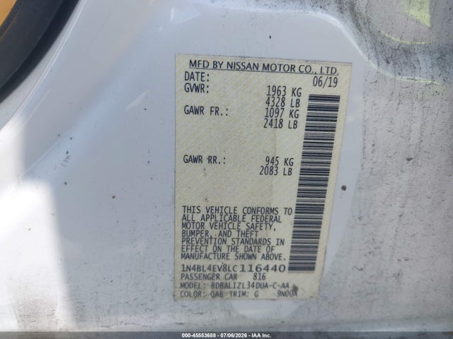 Продажа на аукционе авто 2020 Nissan Altima Sl Fwd, vin: 1N4BL4EV8LC116440, номер лота: 45553688