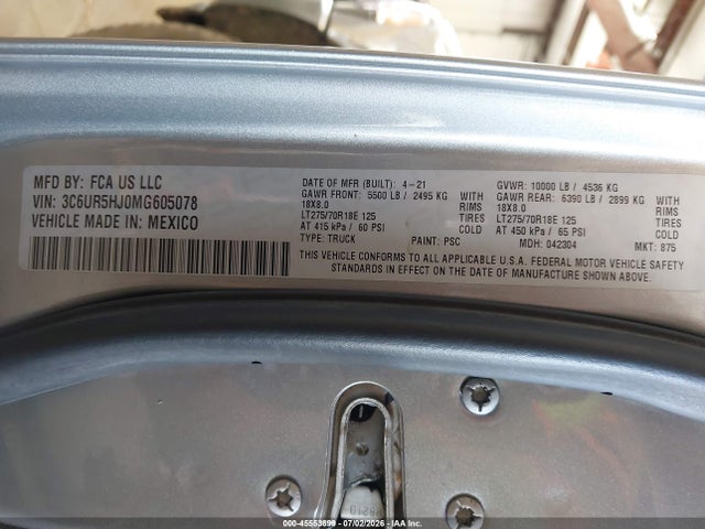Aukcja sprzedaży 2021 Ram 2500 Tradesman  4x4 8' Box, vin: 3C6UR5HJ0MG605078, numer aukcji: 45553699