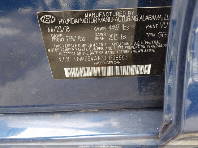 45553701 :رقم المزاد ، 5NPE34AF3JH726883 vin ، 2018 Hyundai Sonata Limited مزاد بيع