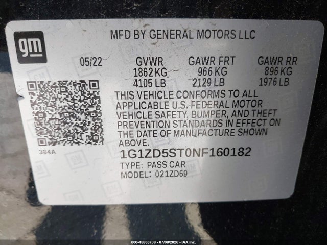 Aukcja sprzedaży 2022 Chevrolet Malibu Fwd Lt, vin: 1G1ZD5ST0NF160182, numer aukcji: 45553708