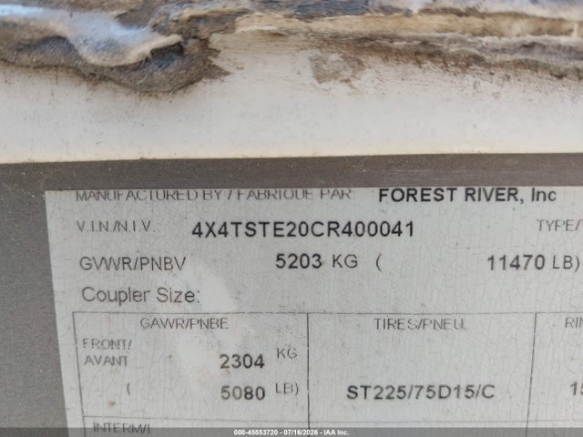 Продажа на аукционе авто 2012 Forest River Other, vin: 4X4TSTE20CR400041, номер лота: 45553720