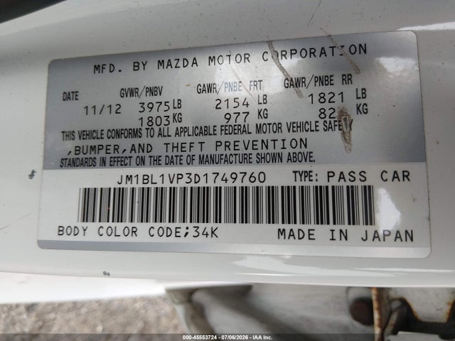 Aukcja sprzedaży 2013 Mazda Mazda3 I Touring, vin: JM1BL1VP3D1749760, numer aukcji: 45553724
