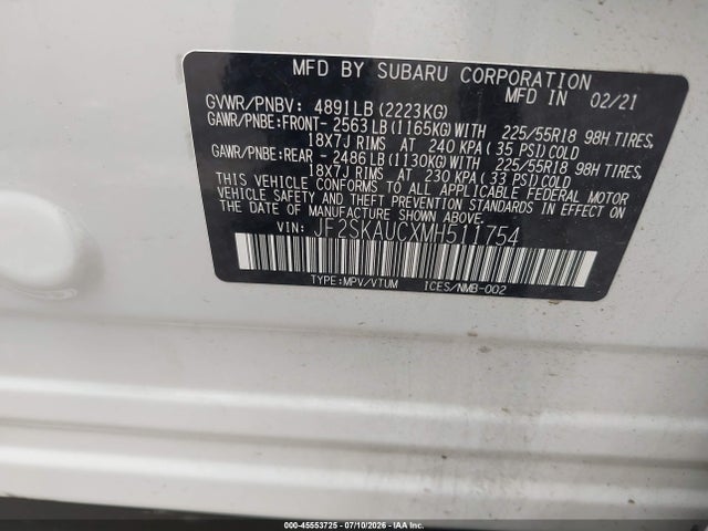 Продаж на аукціоні авто 2021 Subaru Forester Limited, vin: JF2SKAUCXMH511754, номер лоту: 45553725